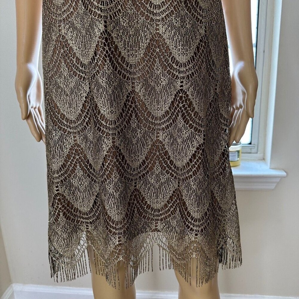 Dressbarn Shift Dress Size L/10 Shiny Brown Dark Lined Fringe Hem Sleeveless - Picture 7 of 15
